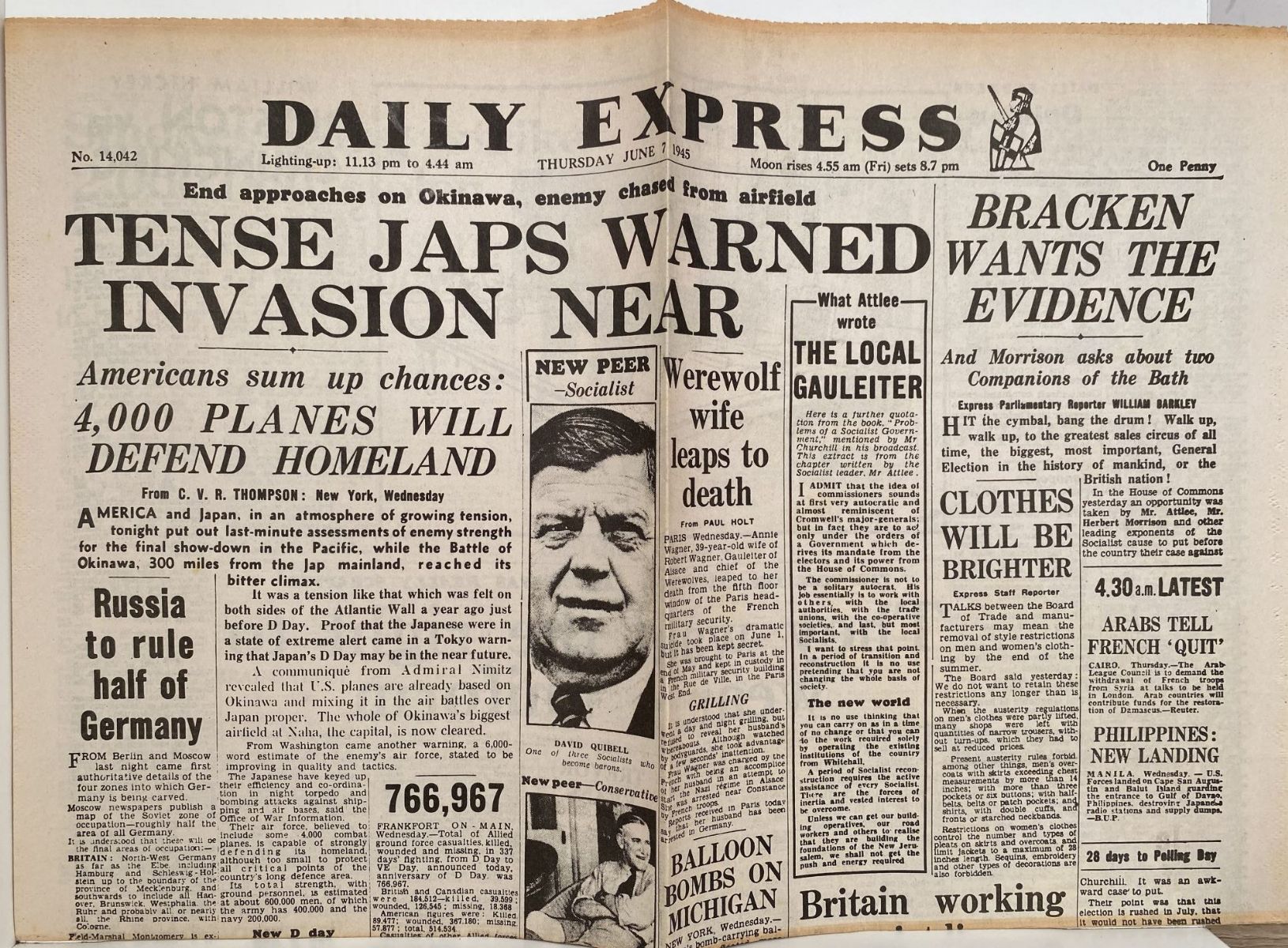 OLD WARTIME NEWSPAPER: Daily Express, Thursday 7th June 1945