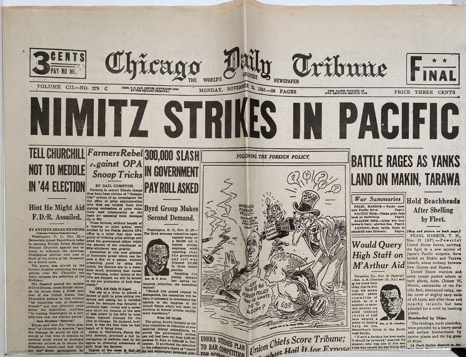 OLD WARTIME NEWSPAPER: Chicago Daily Tribune, Monday 22nd November 1943