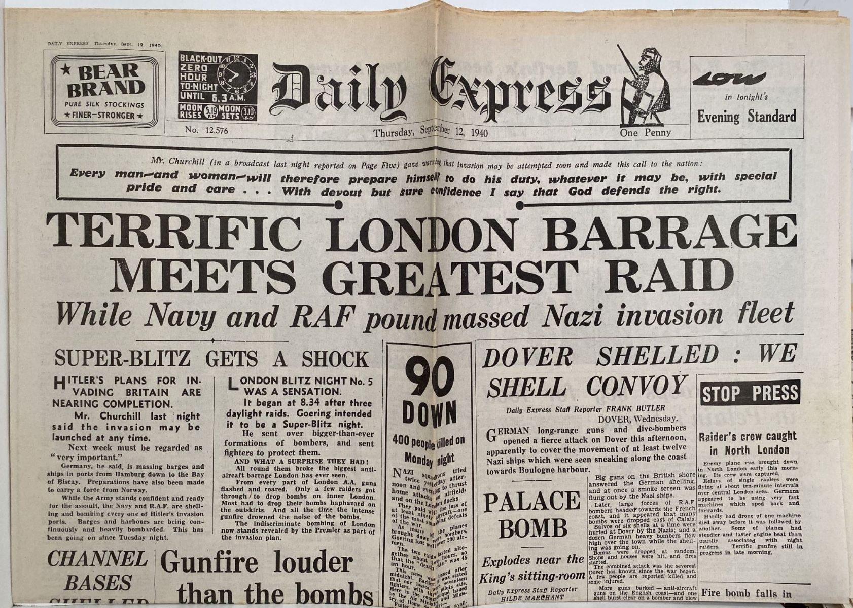 OLD WARTIME NEWSPAPER: Daily Express, Thursday 12th September 1940