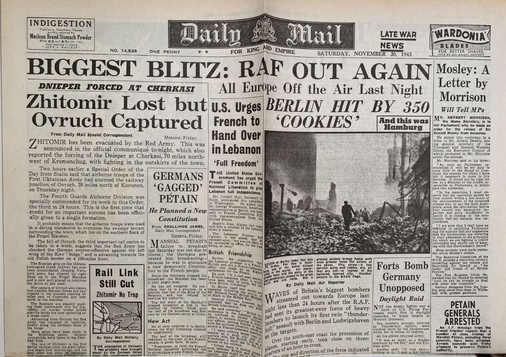 OLD WARTIME NEWSPAPER: Daily Mail, Saturday 20th November 1943