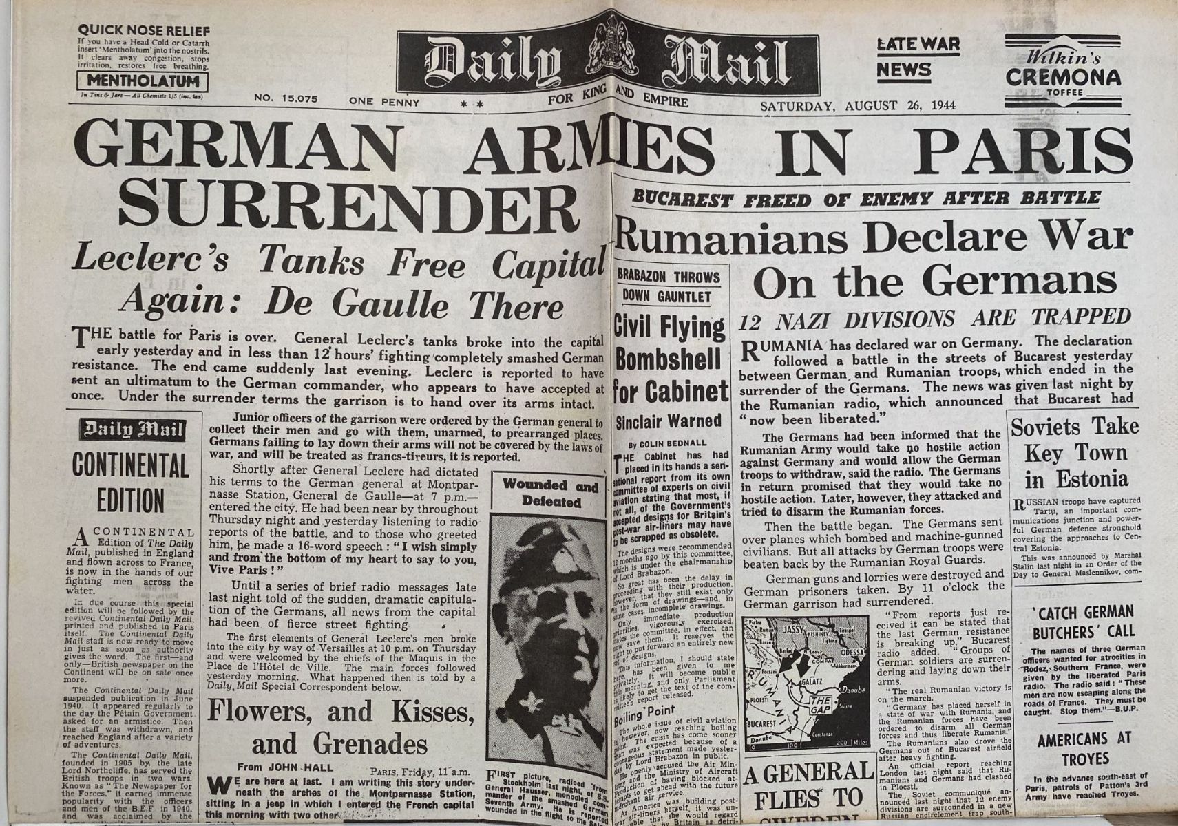 OLD WARTIME NEWSPAPER: Daily Mail, Saturday 26th August 1944