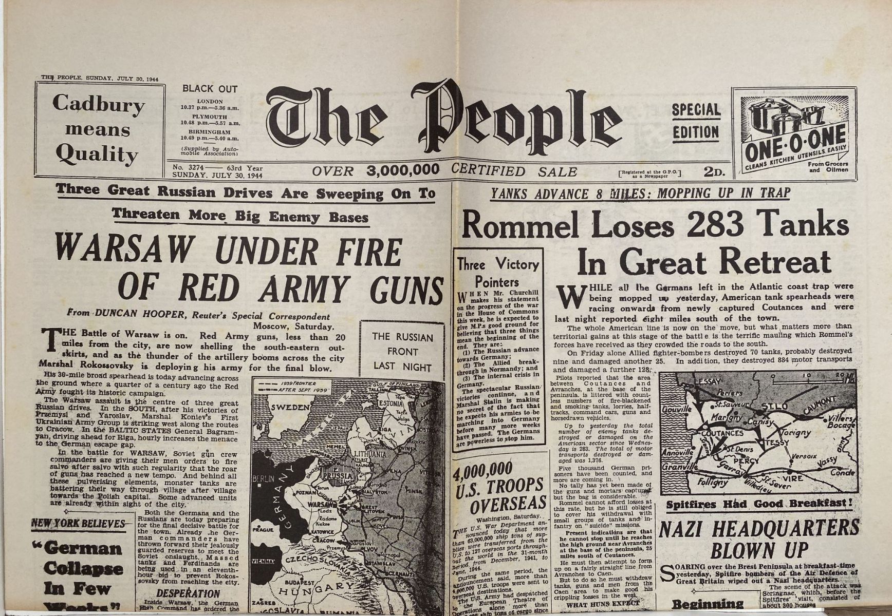 OLD WARTIME NEWSPAPER: The People, Sunday 30th July 1944
