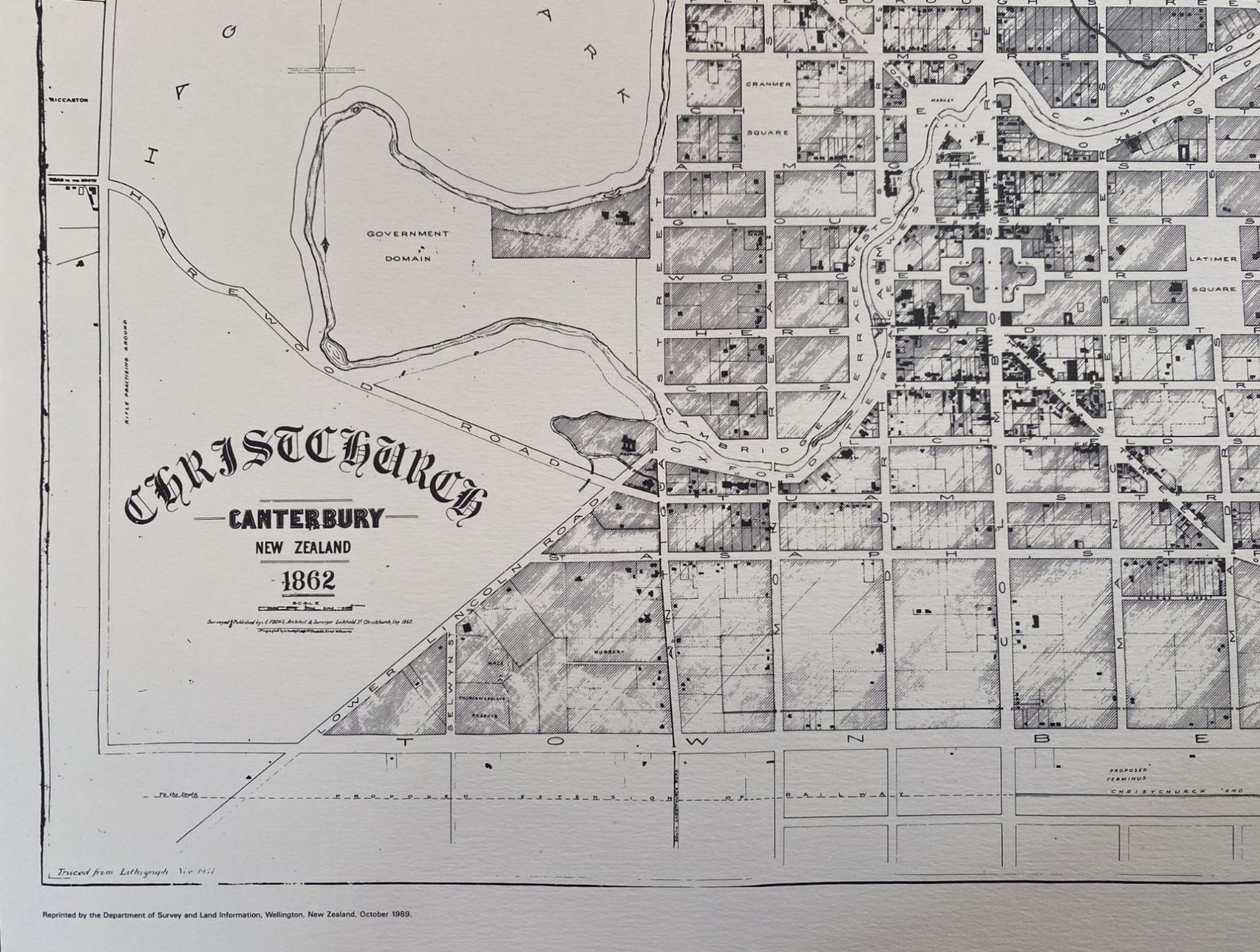 VINTAGE MAP: Christchurch, Canterbury 1862