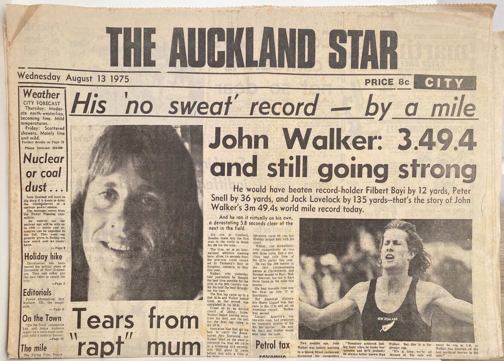 OLD NEWSPAPER: The Auckland Star, 13th August 1975 - John Walker record mile