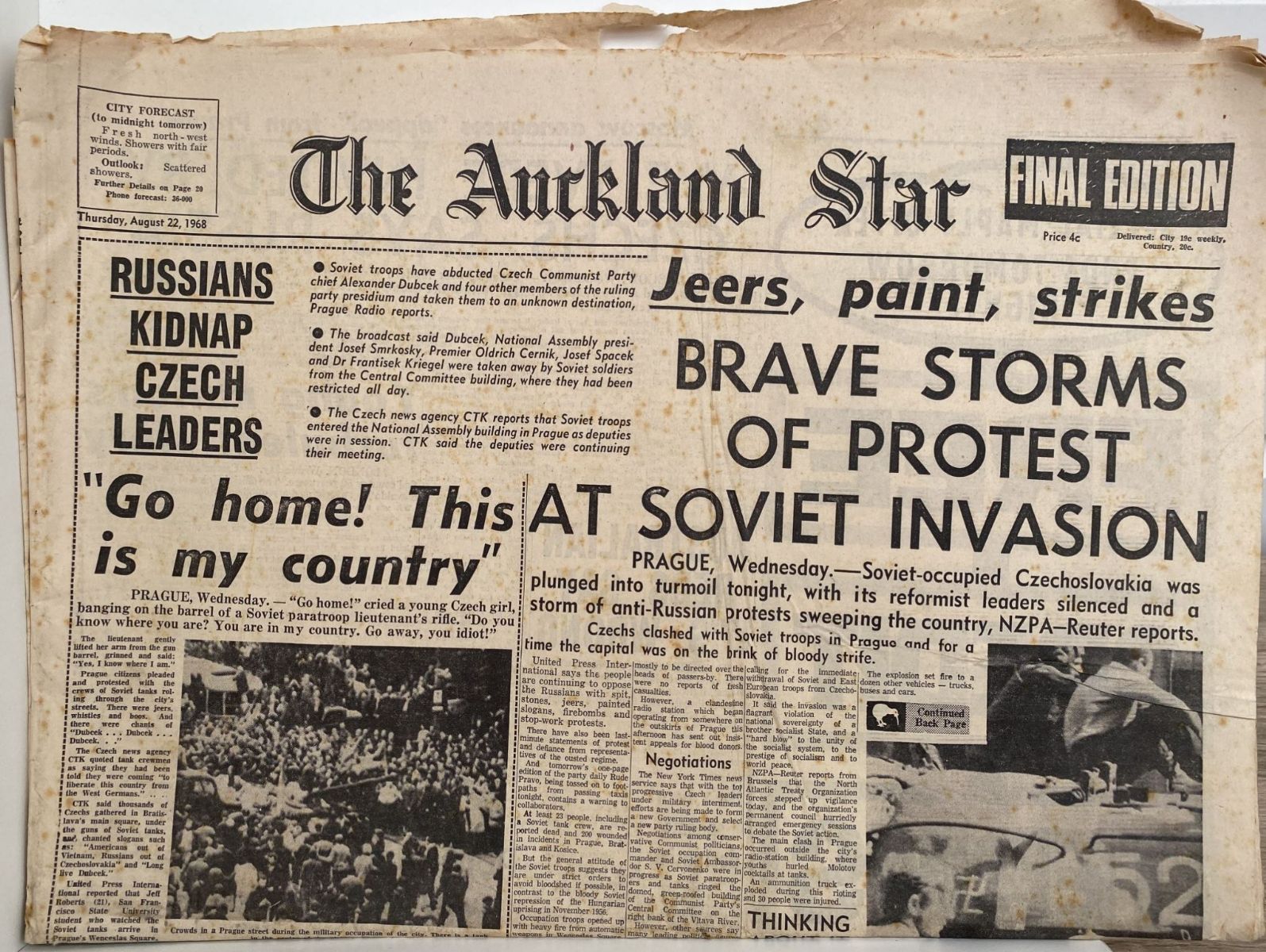 OLD NEWSPAPER: The Auckland Star, 22 August 1978 - Russia invades Czechoslovakia