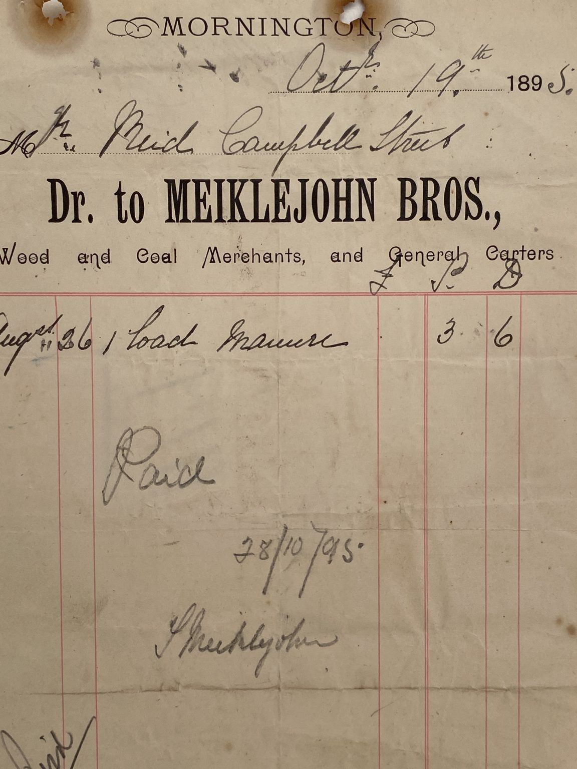 ANTIQUE INVOICE / RECEIPT: Meiklejohn Bros. – Wood & Coal Merchants 1895