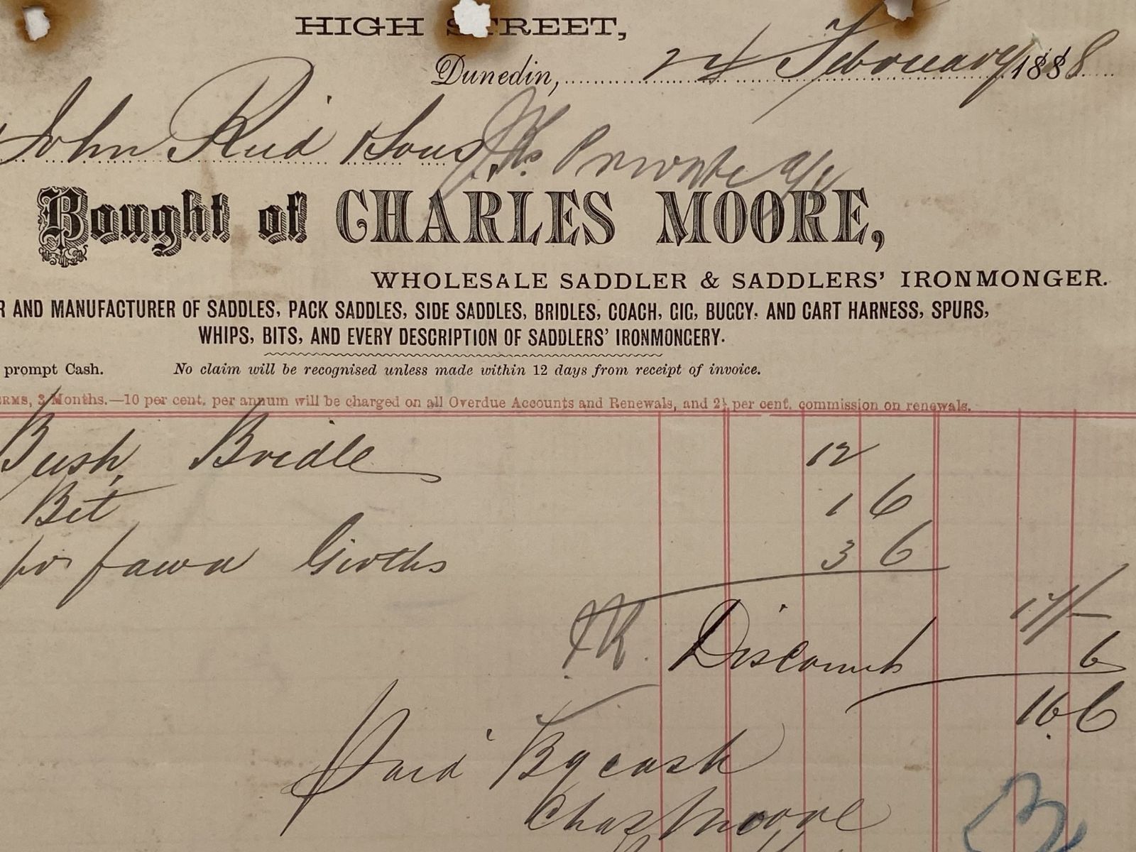 ANTIQUE INVOICE / RECEIPT: Charles Moore, Dunedin – Wholesale Saddler 1888
