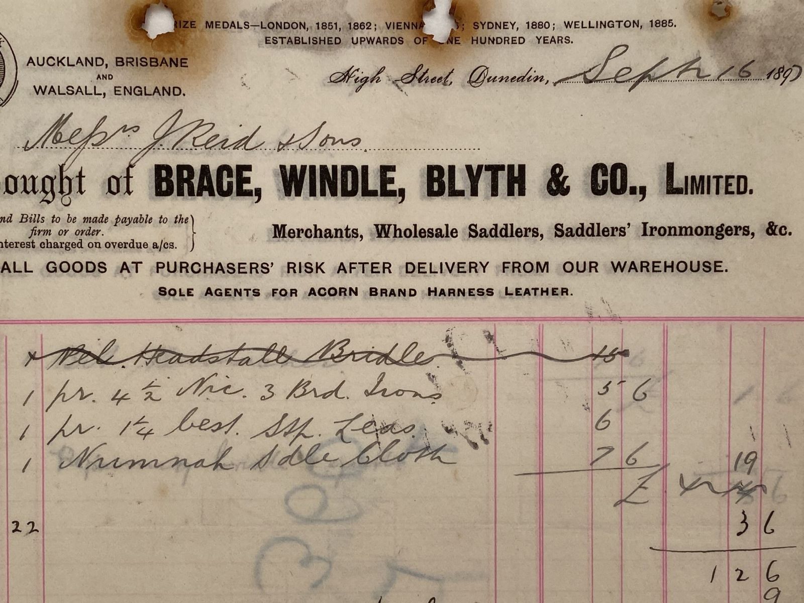 ANTIQUE INVOICES / RECEIPTS: Brace, Windle, Blyth & Co. Limited – Merchants 1897