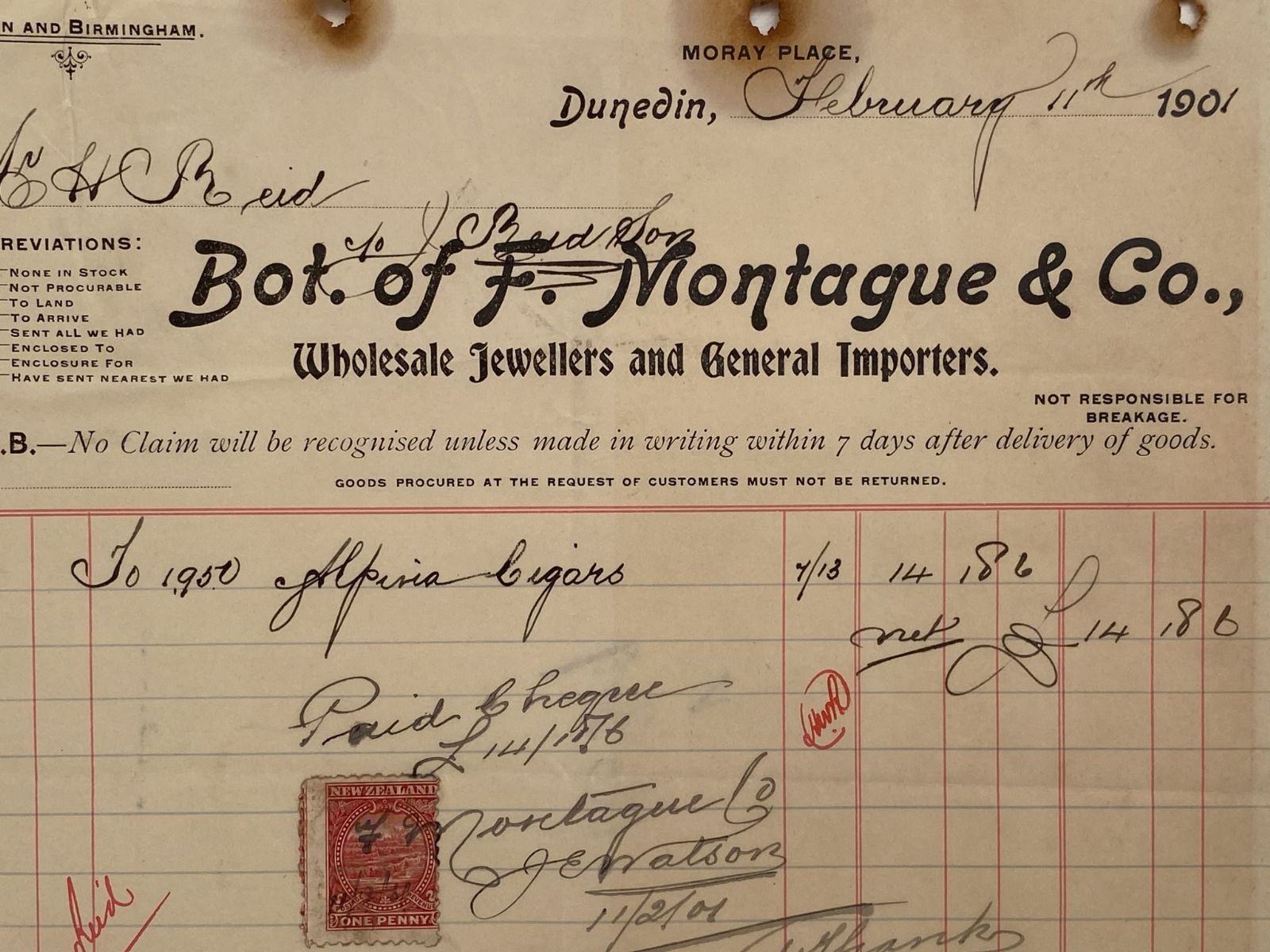 ANTIQUE INVOICE / RECEIPT: F. Montague & Co. Dunedin – Jewellers & Importers 1901