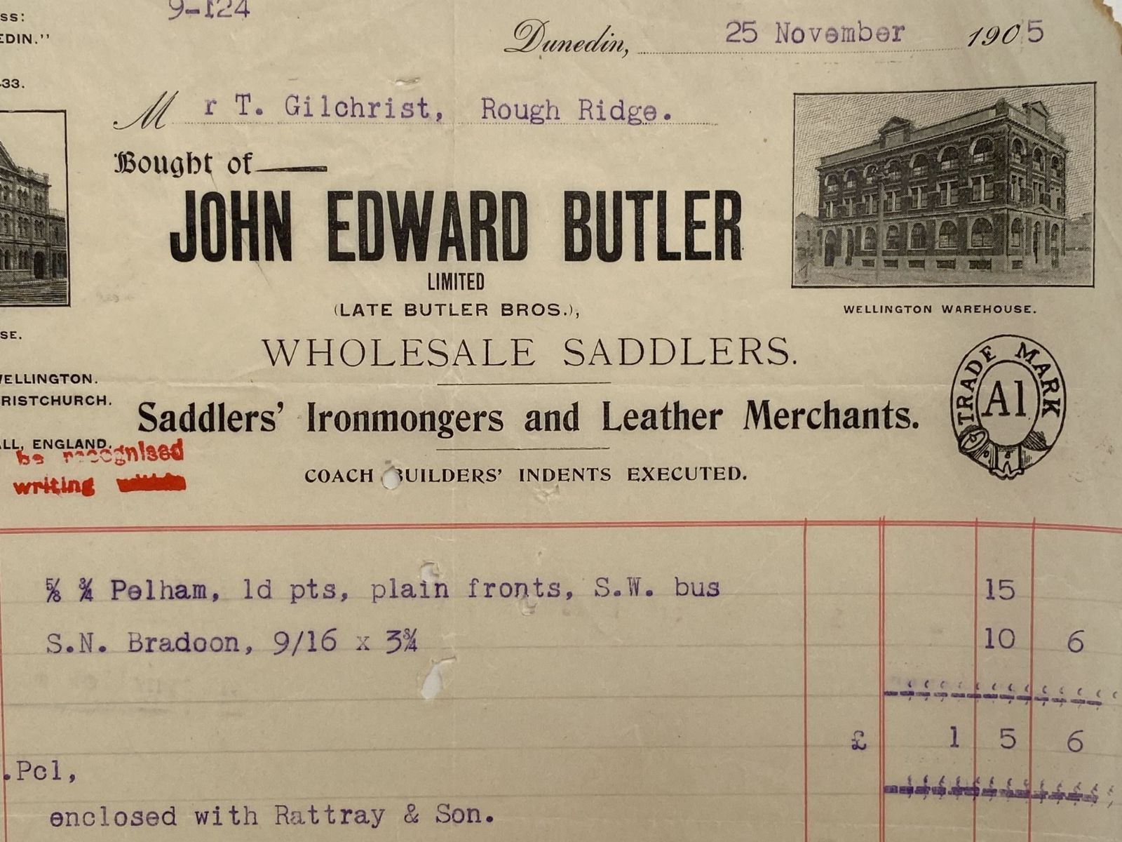 ANTIQUE INVOICE / RECEIPT: John Edward Butler, Dunedin – Wholesale Saddlers 1905