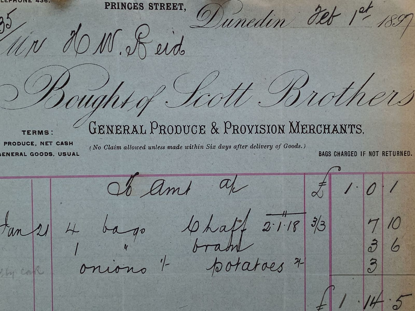 ANTIQUE INVOICE / RECEIPT: Scott Brothers, Dunedin – Produce Merchants 1903